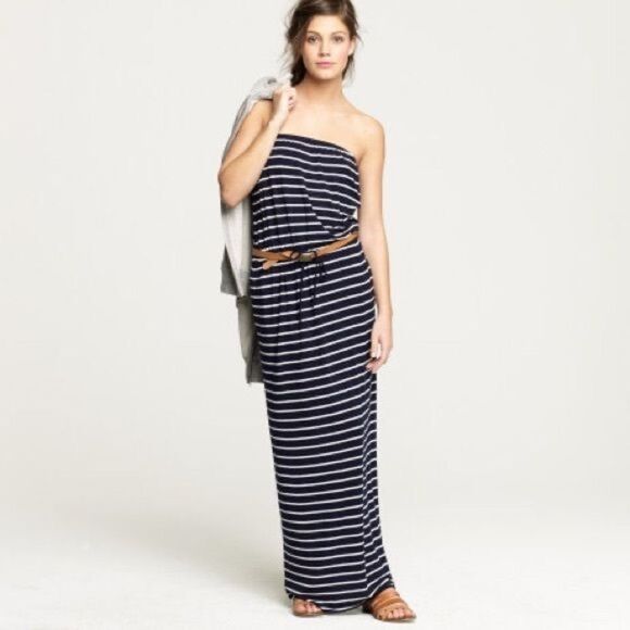 𝅺j.crew Amie striped strapless maxi dress size medium navy and burgundy - Picture 6 of 6